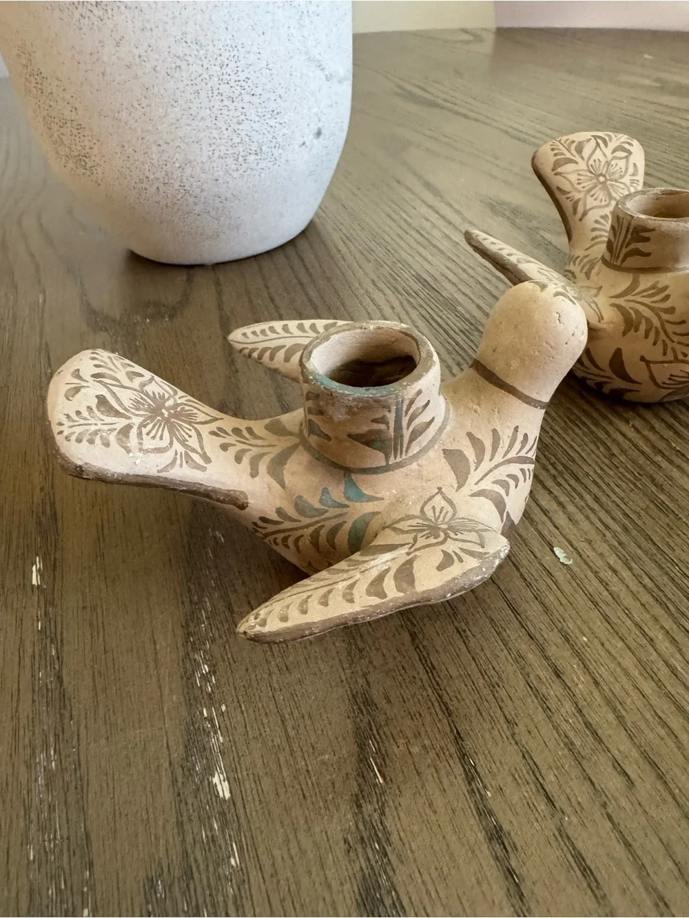 Vintage Hand-Painted Ceramic Bird Candle Holders — Beige